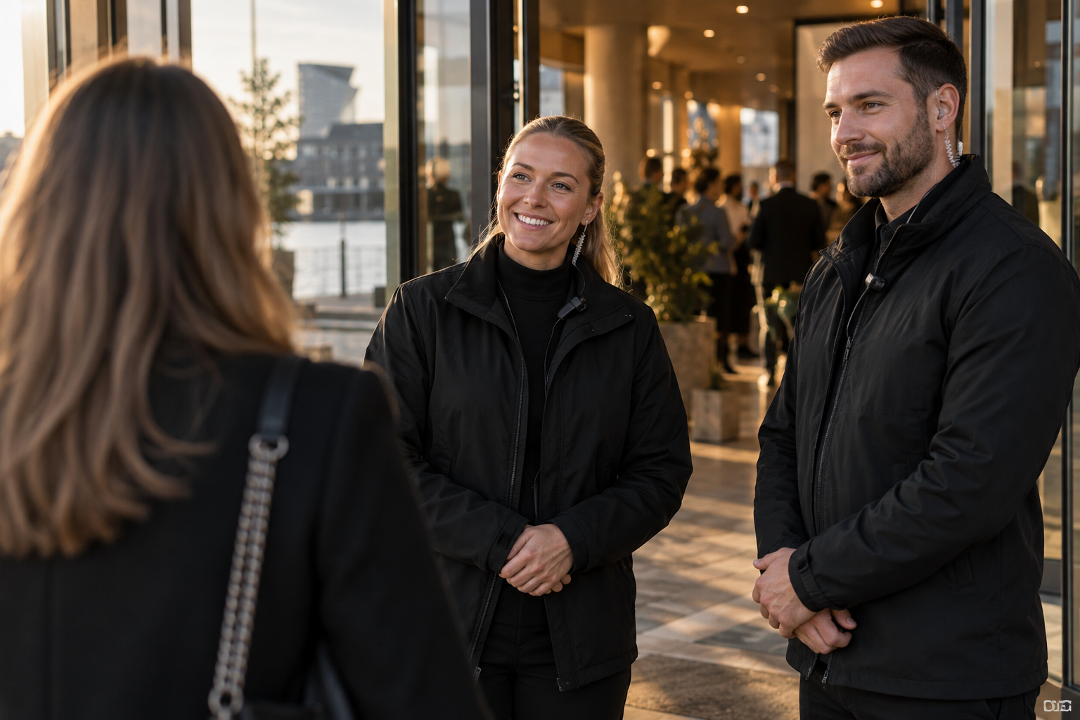 Vagter byder en gæst velkommen ved et arrangement